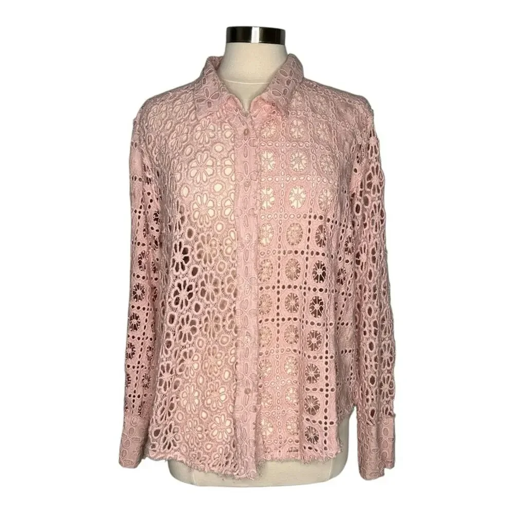Free People One Yesenia Shacket Top Eyelet Button Down Pink Large
